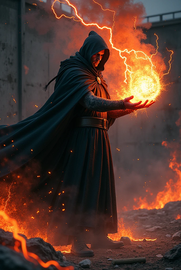 I want to create a fire mage that ressemble my hero academia Dabi. he should use black flames with lightning. make him ti shoot fireball at a wall