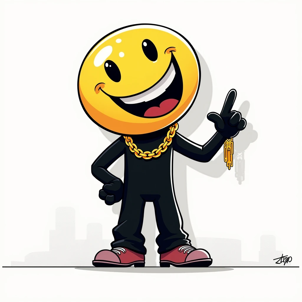 Black shadow of a happy yellow emoji with a gold chain cartoon, Vice City GTA, white wall background