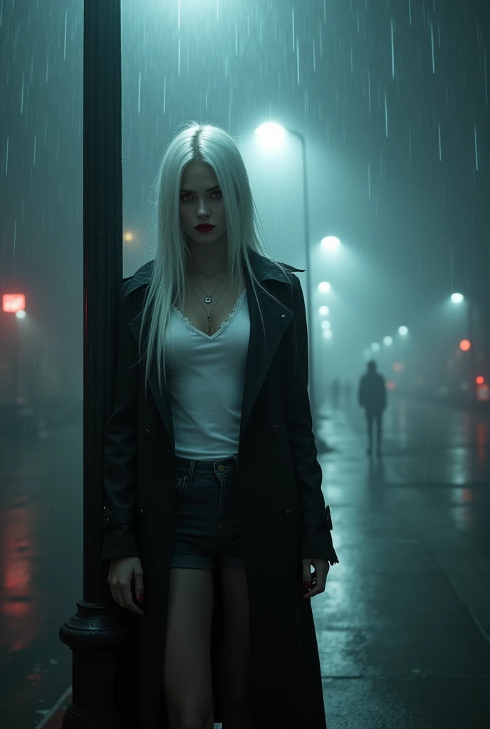 High quality, dark and mysterious foggy cityscape at night, illuminated by a soft glow of white streetlights. Rain glistening under the streetlight and on the wet pavement and reflecting the lights like a mirror. The misty atmosphere veils a dark and moody feels with a single mysterious vampire female leaning against the street light wearing a long black slim coat, short white low v neck t-shirt, exposing cleavage. porcelain white skin with a few freckles. beautiful white silky long straight (Straight) hair with red tips, bright blood color lipstick, beautiful bright blood red eyes, tall in height, slim, with a cinematic and moody tone, luring you in with her stance of wanting you, invoking a sense of scary and dark look.