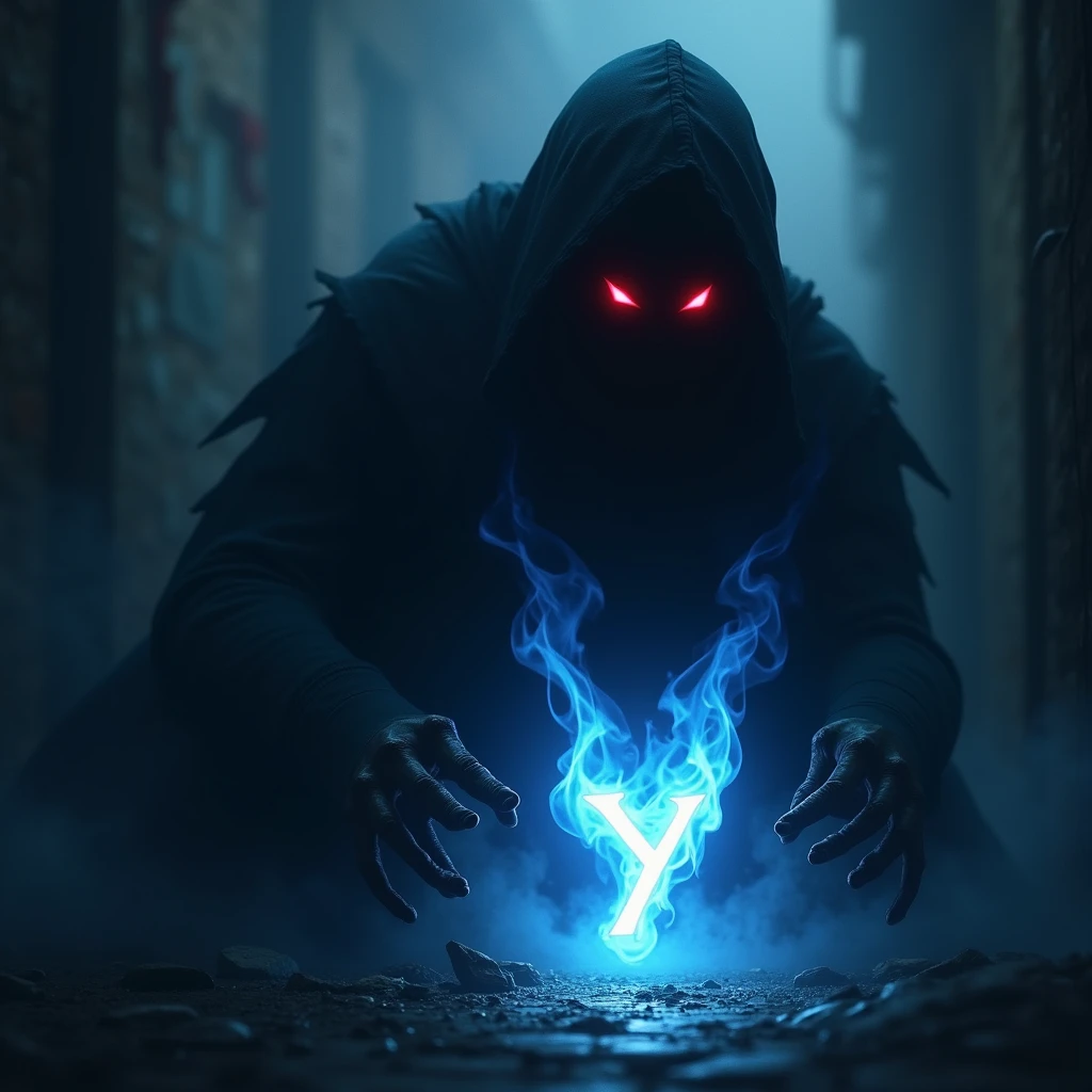 An evil shadow with red eyes looking at the letter Y and the number 7 of blue fire