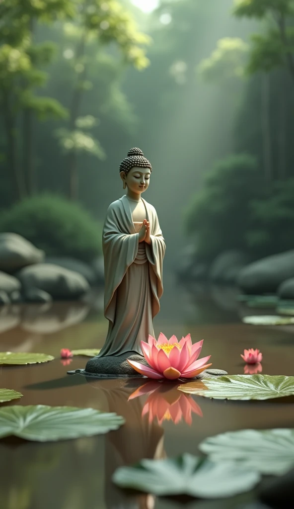 Stylized 3D rendering of Buddha standing by a serene pond, with a single lotus flower blooming amidst the muddy waters