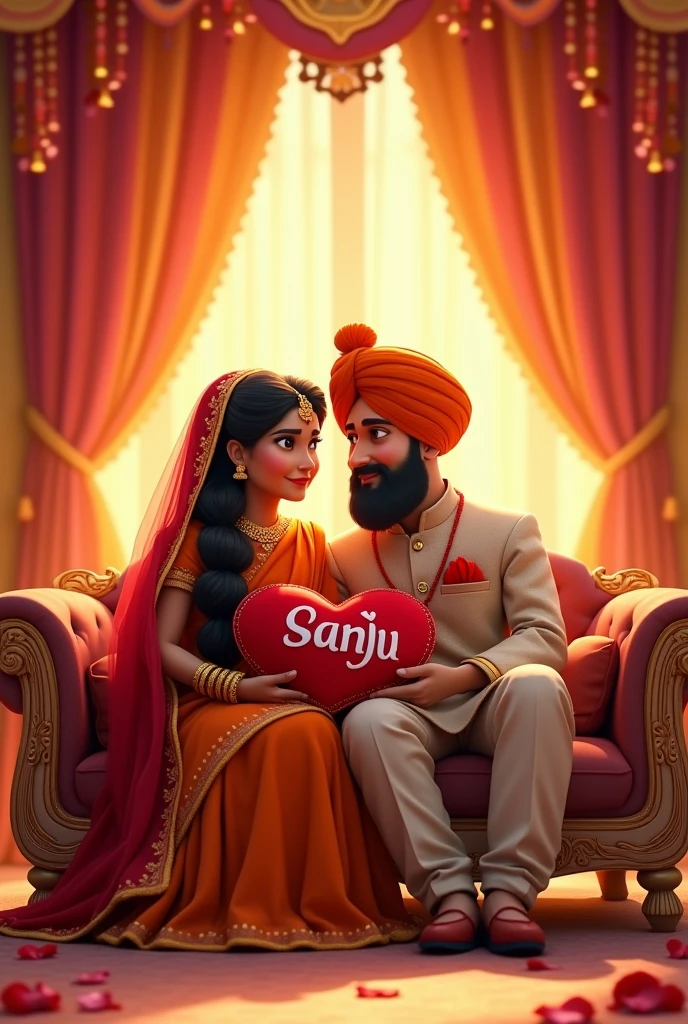 Punjabi Married couples sitting on cople chair in marriage hall with giving heart peellow in that full name of 'संजू' and '
सोनम'