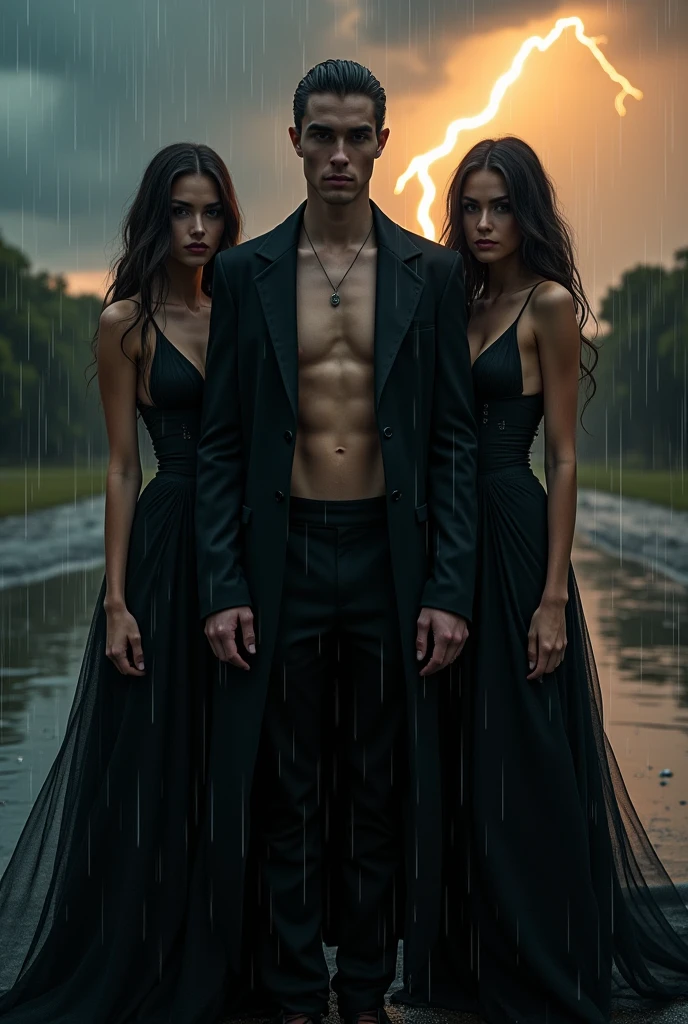 A handsome man with a perfect face, slim, dressed in a long black Dracula suit, shirtless, a cloudy sunset sky under the rain, a trail of water that matches the sky, a lightning bolt from afar, next to him, two beautiful women dressed in black, the man is in the middle