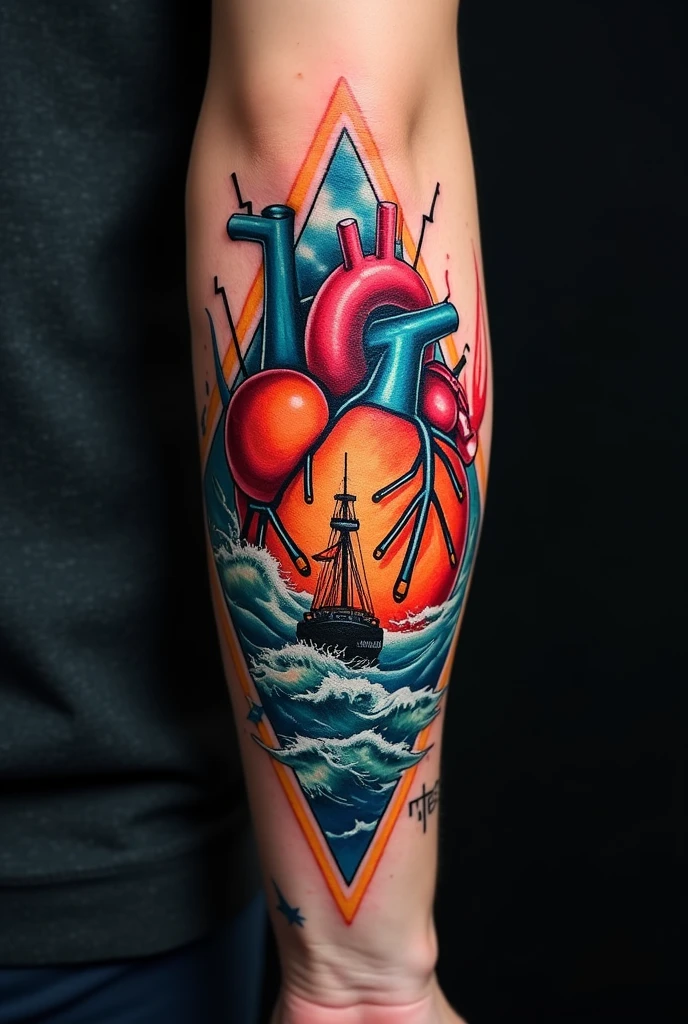 Forearm tattoo that relates intelligence, heart, electricity and ships