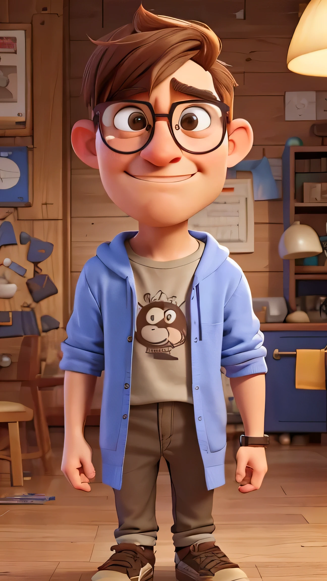 Generate a character design for a young adult male named 'Chuck the Overthinker.' Chuck is slightly nerdy and often overthinks everything. He has a quirky, laid-back style, wearing casual, slightly messy clothes like a t-shirt, hoodie, and pajama pants, along with fun, colorful socks. He might wear large glasses that give him a thoughtful yet confused look. Chuck has a friendly, approachable face, with exaggerated facial expressions, such as furrowed brows or raised eyebrows, to convey his constant state of over-analysis. Add a signature accessory, like a hat with a funny phrase, or a simple item like a coffee mug that says ‘Overthinking in Progress.’ The overall tone should be humorous and relatable, capturing Chuck’s endearing, slightly awkward personality.