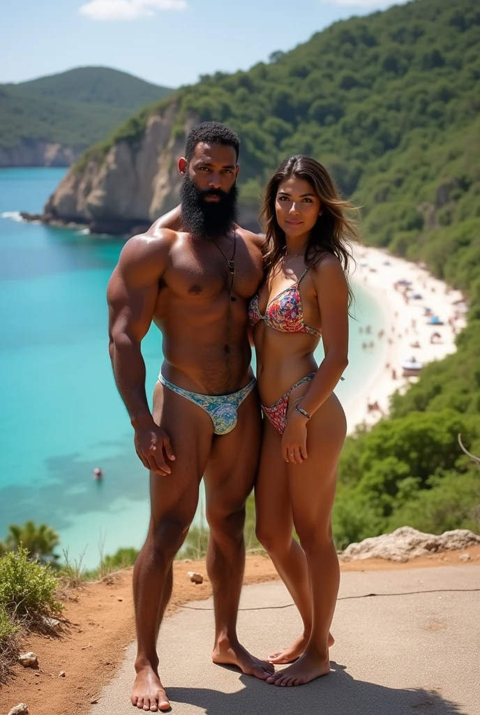 There is a strong, hairy, bearded, very hairy mixed-race man in a thong posing for a photo standing next to his beautiful girlfriend in a bikini on a rock at a viewpoint at the end of a paved road with a privileged view just below a large lagoon with brown waters and a white sand beach with many people..