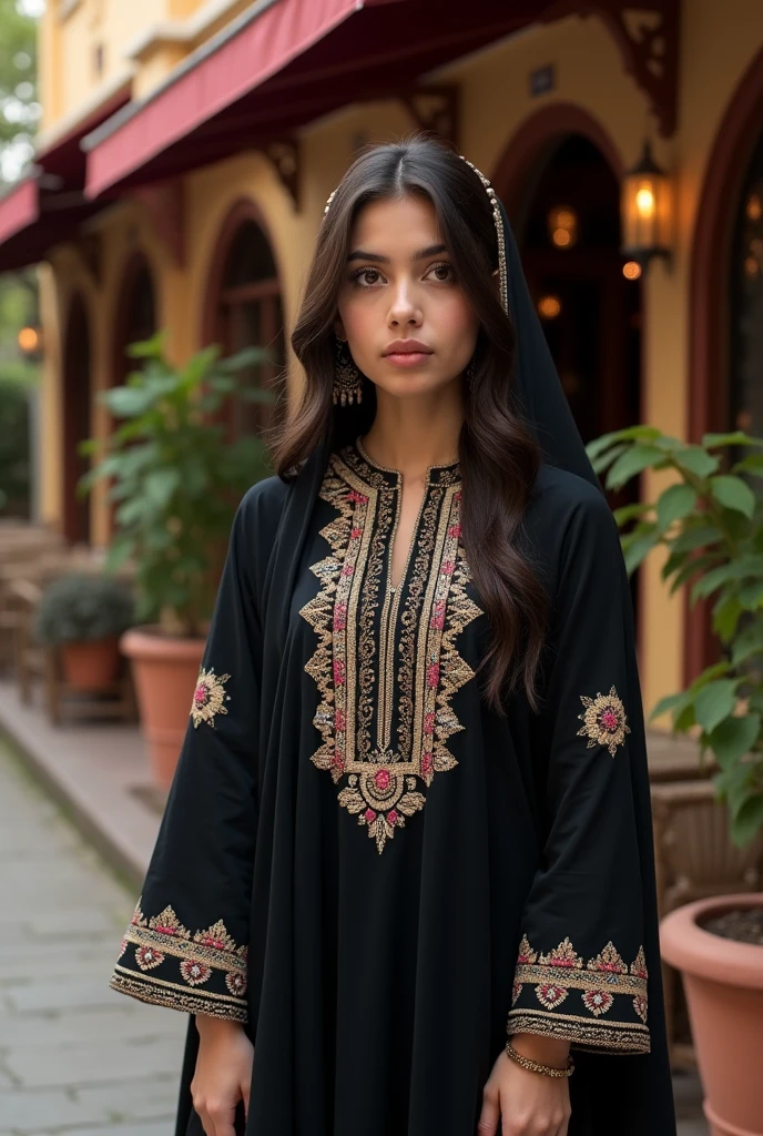 A beautiful Pakistani girl wearing traditional black dress and standing outside restaurant 
