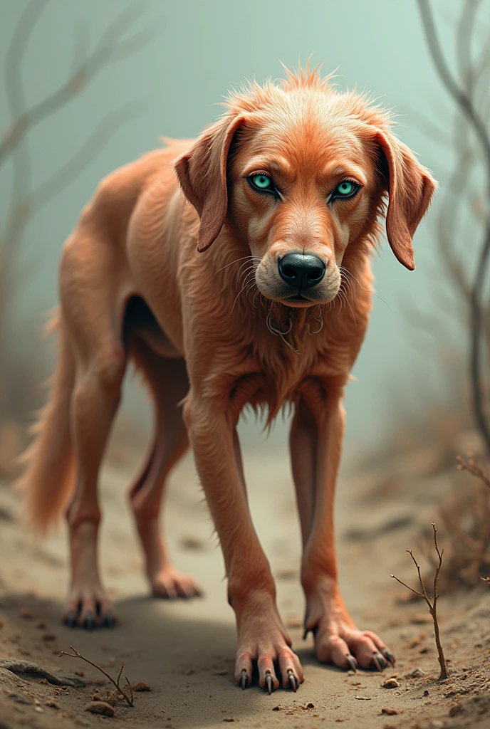 A dog with peach coloured skin and fur but the fur has worn due to disease and the bones can be seen as he is hungry from many months and a blue layer has formed on his eyes of y
ears