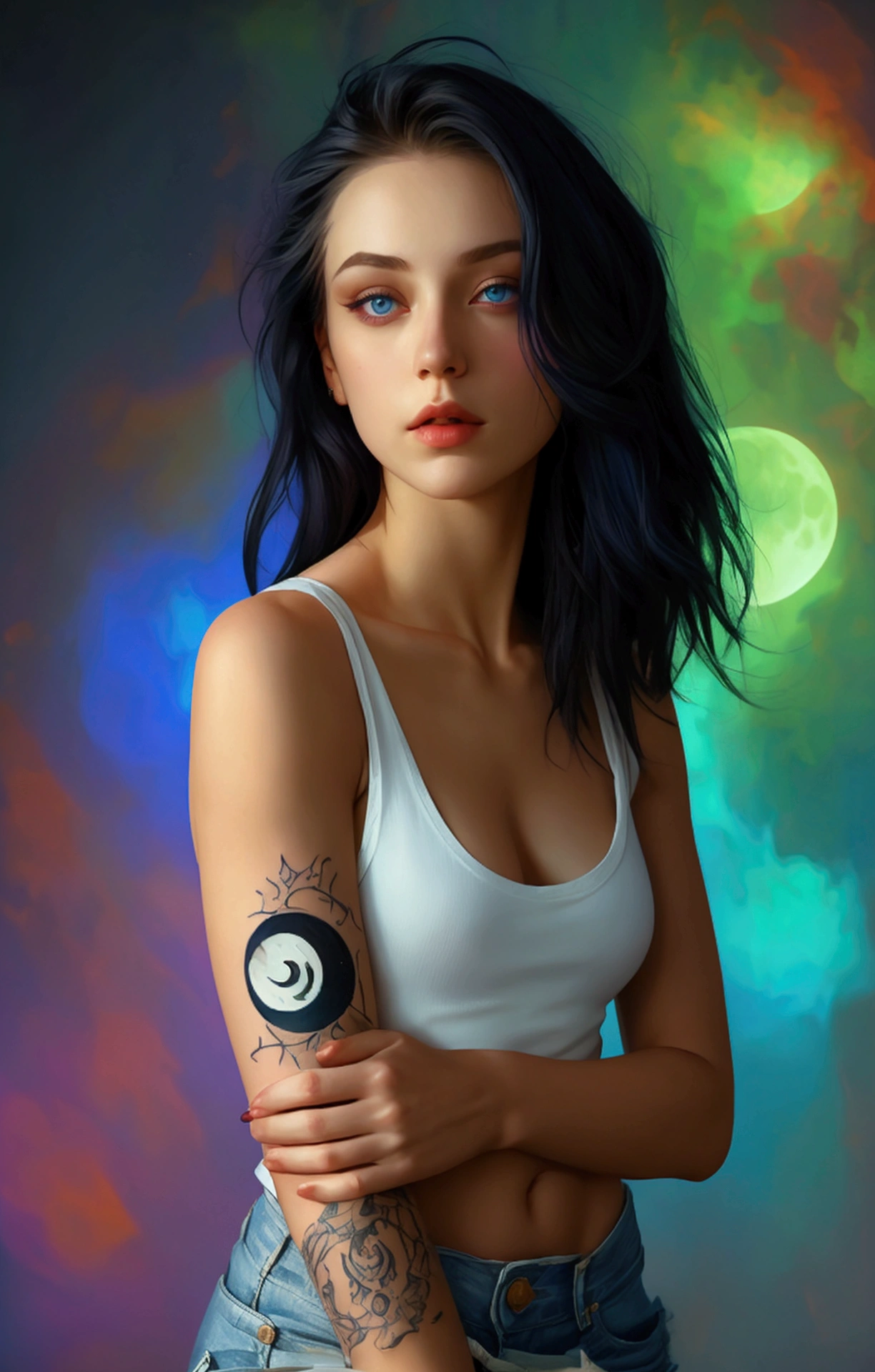 A twenty-sonething Norwegian woman, pale skin, chest-length silky raven hair, blue-purple eyes, full lips, an hourglass body, and a forearm tattoo of a full moon with two crescent moon on either sides. Wearing a white tank top and denim shorts.