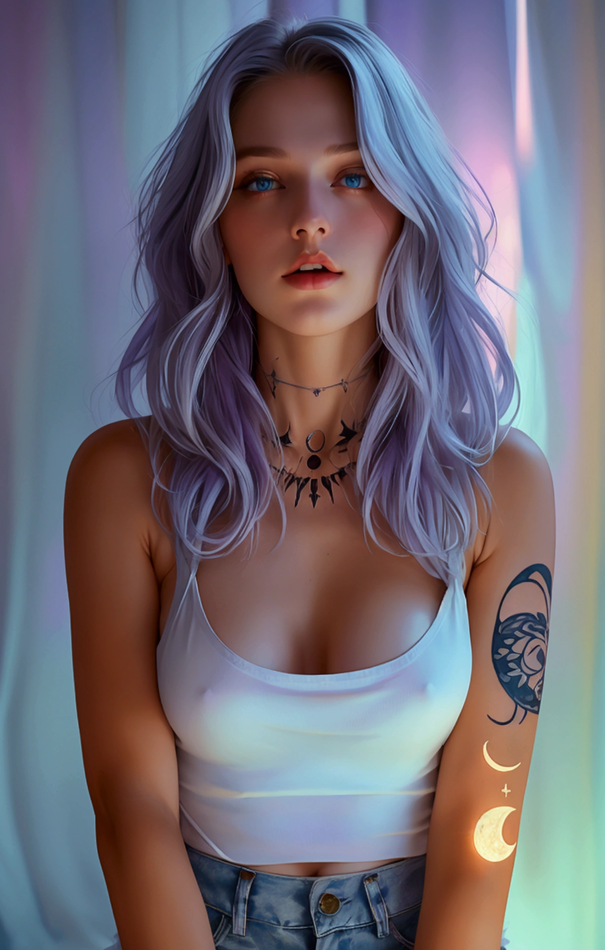A twenty-sonething Norwegian woman, pale skin, chest-length silky raven hair, blue-purple eyes, full lips, an hourglass body, and a forearm tattoo of a full moon with two crescent moon on either sides. Wearing a white tank top and denim shorts.