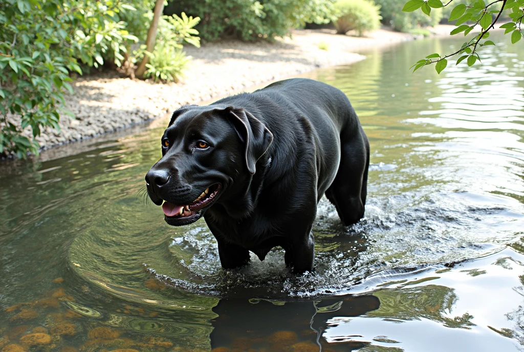 there is a Picasso style black dog that is standing in the water, dog, at the waterside, black dog, a handsome, in a pond, in the water, a dog, river in front of him, the photo shows a large, bear, labrador, menacing!, playing with the water, emerging from the water, wet fur, handsome, nice face