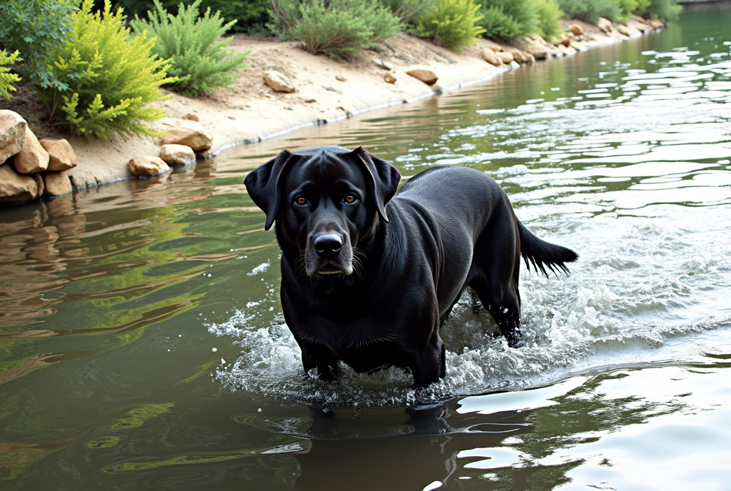 there is a Picasso style black dog that is standing in the water, dog, at the waterside, black dog, a handsome, in a pond, in the water, a dog, river in front of him, the photo shows a large, bear, labrador, menacing!, playing with the water, emerging from the water, wet fur, handsome, nice face