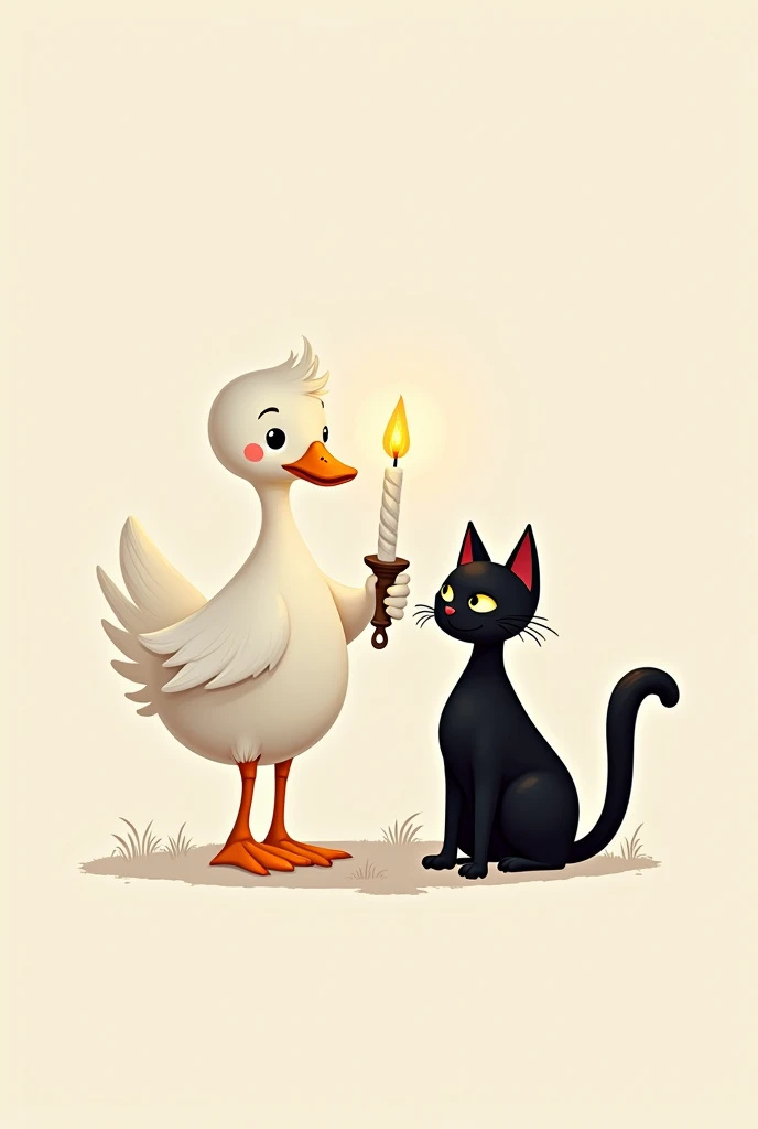 Make a duck holding a candle with a black cat, Make it like a logo Do more 
