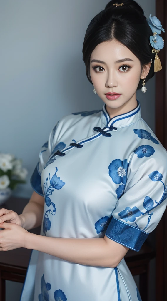 Blue and white porcelain style，China Cheongsam，The cheongsam is decorated with a blue and white pattern，ancient china art style，Fashion model 1 [[[[closeup cleavage]]]], [[[[boobgasm]]]], [[[[coll]]]], [[[[bshoulders]]]], perfect  eyes, Perfect iris，Perfect lips，perfect teeth，Perfect skin，with fair skin，Soft front light，hdr，Movie girl，The expression was melancholy，The background is an ancient Chinese interior，blue flowers，4K Ultra HD, Ultra-high resolution, (Photorealistic: 1.4), Best quality，Masterpiece，Utra dilution，（pastel colour：1.2）