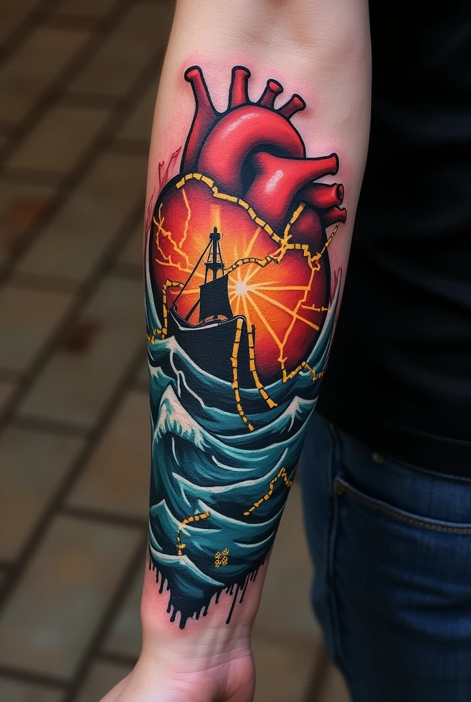 Forearm tattoo that relates intelligence, heart, electricity and ships 

