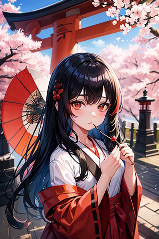 Girl, black hair, shrine maiden, bob hair, expressionless, Fushimi Inari, night, cherry blossoms, mystery