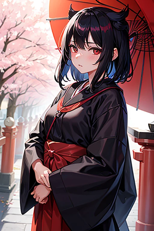 Girl, black hair, shrine maiden, bob hair, expressionless, Fushimi Inari, night, cherry blossoms, mystery