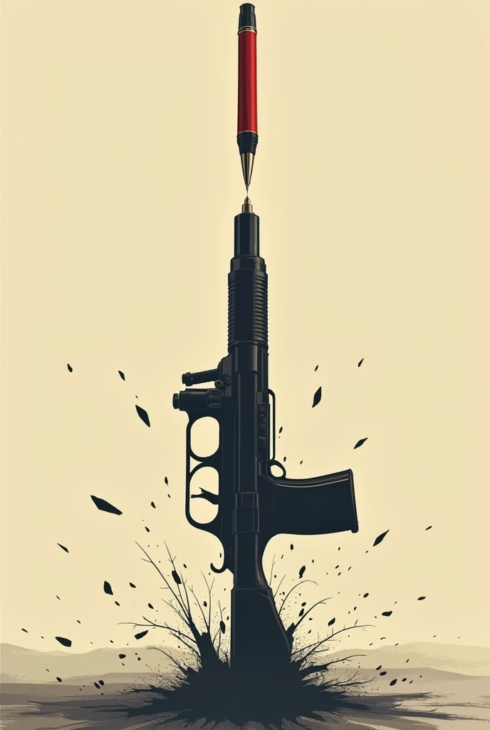a pen falling horizontally crushing through a gun lying vertically which symbolizes the win of students against the dictator (make it vector)