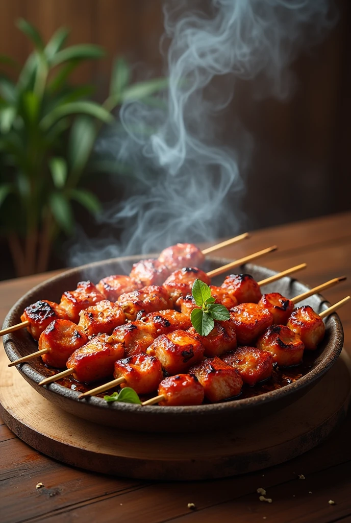 Drawing skewers of meat with smoke on a savory plate