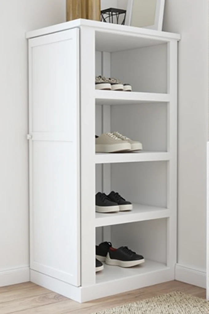 Can you make a 4 shoe rack in white color which huge gap between them in the corner part of the room. And have a door on the left side of the shelfs.