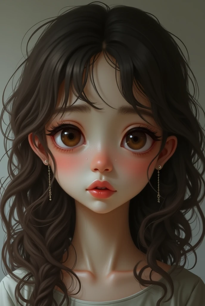I want the image of a girl about , king, sparse eyebrows, nose a little droopy, round face, drooping brown eyes almost look sad, long curly brown hair realistic image