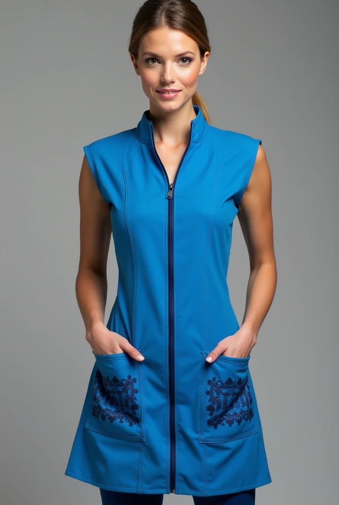 Short fitted sleeveless teacher's smock in French blue, with navy blue printed details on the pockets. Closed at the front with a blue zipper closure. With V neck
