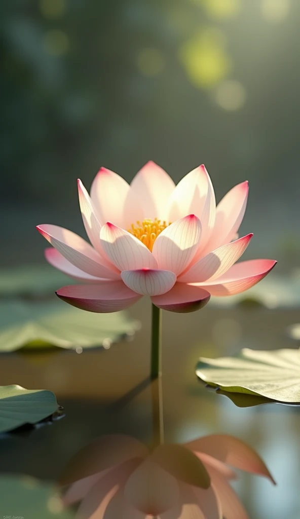 Stylized 3D close-up of a lotus flower rising above muddy water, with soft sunlight gently illuminating its petals."