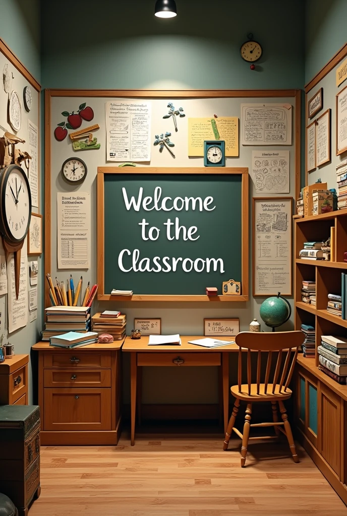 " a art and craft model showing A nostalgic classroom-themed selfie point setup. The backdrop features a large whiteboard with hand-drawn doodles, educational charts, and some vintage school supplies like pencils and rulers. Include a classic blackboard with 'Welcome to the Classroom' written on it. Props should include a vintage desk and chair, a stack of books, a globe, and chalkboards. Add decorative elements like school-themed banners, paper cutouts of apples, math equations, and alphabets. Include small touches like a clock showing school time and a classroom bell."