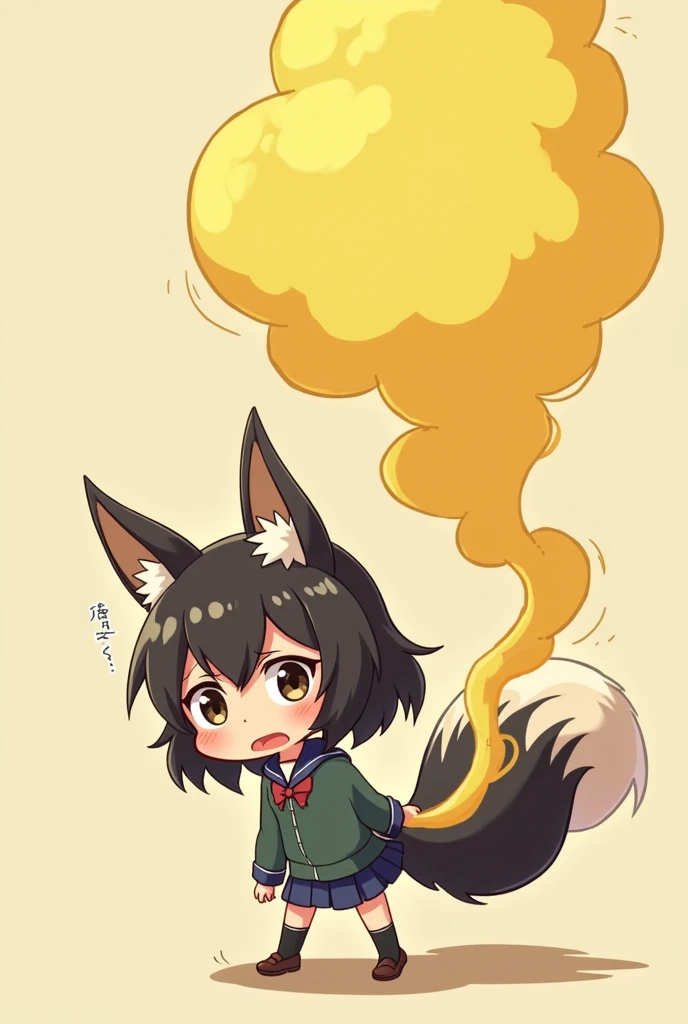 1 Human Girl、anime、animeチック、Skunk Ears、Skunk's Tail、Primary school students、A large amount of yellow smoke is emitted from the buttocks.、Embarrassing、Fart、solo、Turn your back、