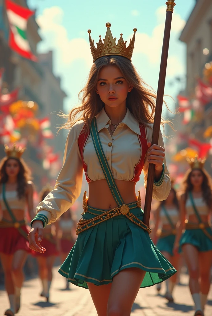 Teenage female drum majorette wearing drum band uniform (wear a skirt and long-sleeved shirt and a small crown on the head) leading the carnival drum band procession while holding a long stick Looks more human 
