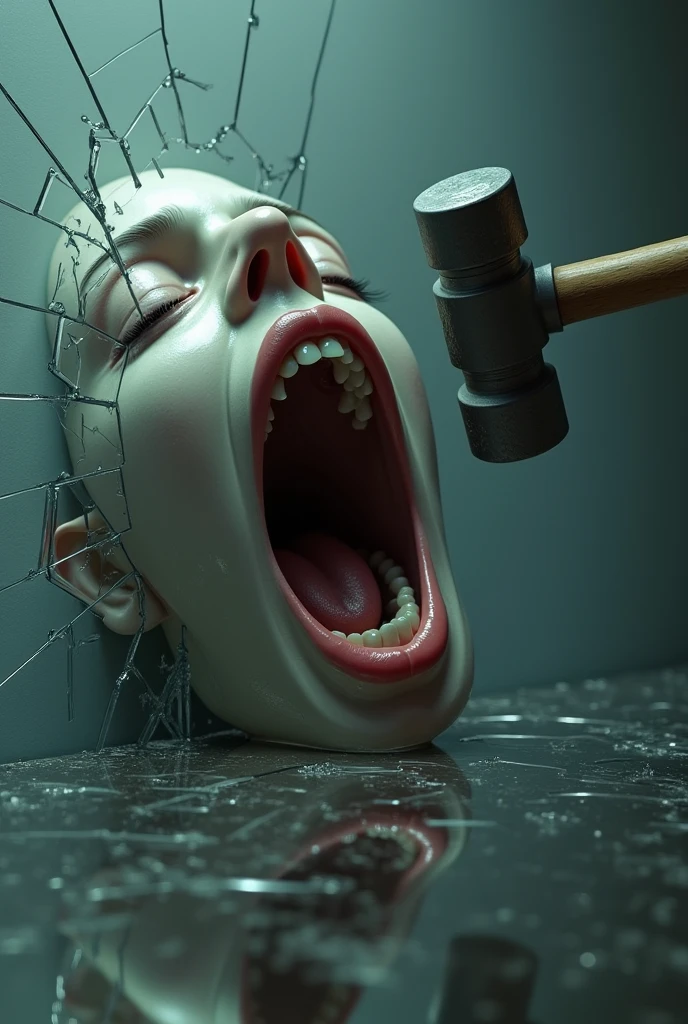 A mouth making silence in front of a mirror and the hammer breaking the mirror