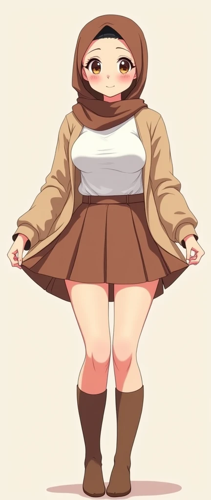 Anime with text:
(masterpiece, best quality, 4k, expressive eyes, perfect face, 2d style, flat style, hand drawn), Cute and adorable face, big detailed eyes,, Cute anime girl, ((big breast, big , thick thighs)), with brown hijab on, ((brown Hijab)), bangs, wearing oversized beige cardigan, white shirt, cleavage, brown skirt, ((brown socks, long socks)), ((no shoes, without footwear)), showing her panties, pulling up her skirt, showing and exposing her legs, upskirt, exposed legs, white underwear, full body view