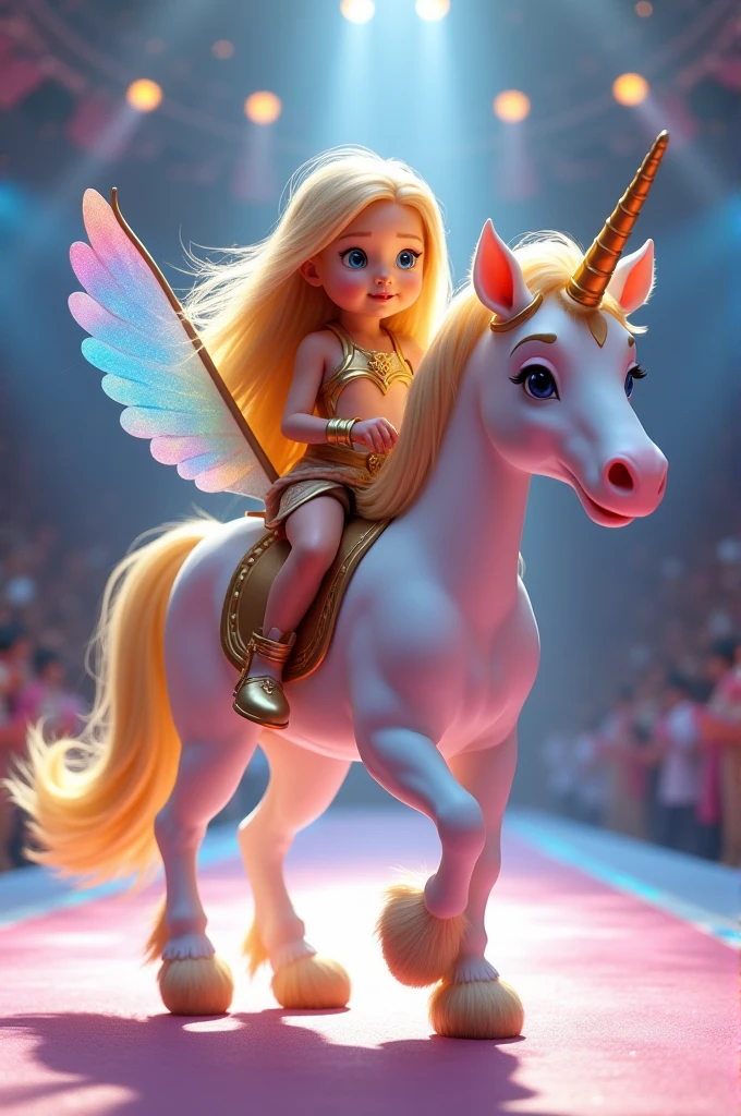 create an adorable scene of a long-haired, blonde , dressed in a She Ra costume from the She Ra cartoon, riding her unicorn, the unicorn in white, with a caramel mane, and a caramel tail, with a light-colored horn, the unicorn's wings blue, pink and yellow, on the unicorn's face, pink with blue edges, the unicorn parading on the catwalk, ultra-realistic 4k moving camera