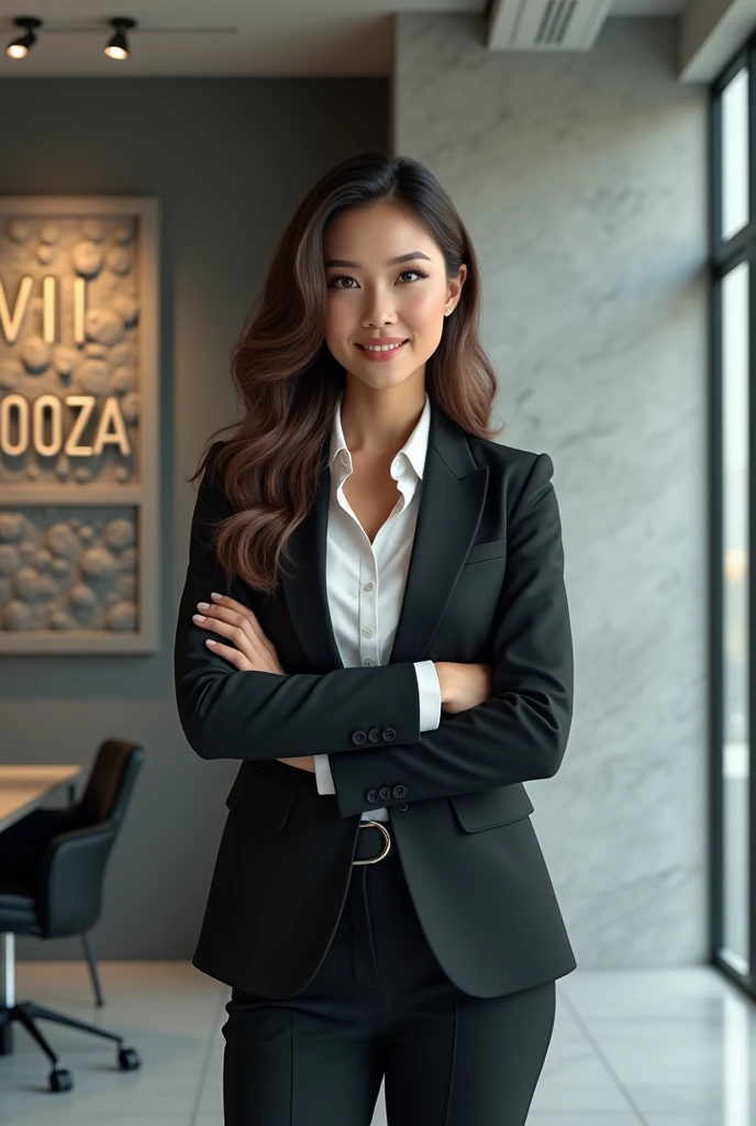 Businesswoman inside a company with the background wall written "Kevin Souza" in high relief 