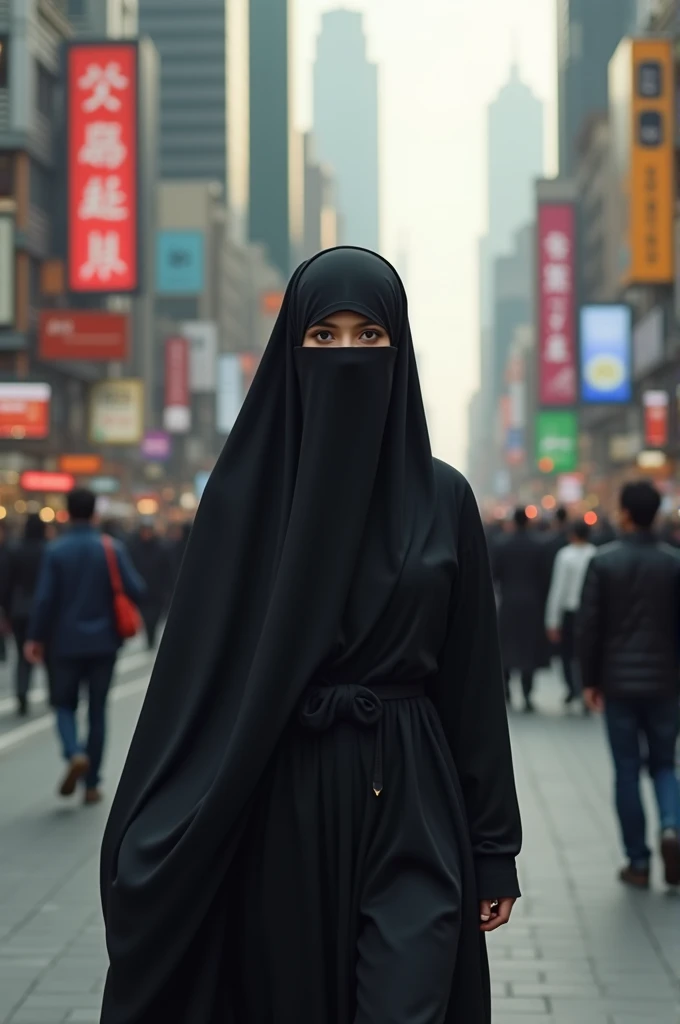 A girl wearing a burqa was walking down the street