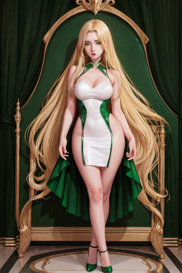 high quality, 8k quality, ultra detail, 1girl, Makeup, highest quality, long straight hair, emerald green eyes, black high heel shoes, white dress, bare legs, standing pose, blonde hair, long legs, large thighs