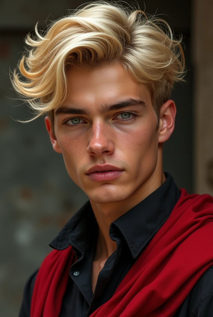 blond man wearing red and black. wavy short hair. man strong, Cao Cao, bold. mixed black and blonde hair. Angelic beauty, perfekt teeth, showing smile top teeth out, asymmetrical face perfect beauty by the Greeks.