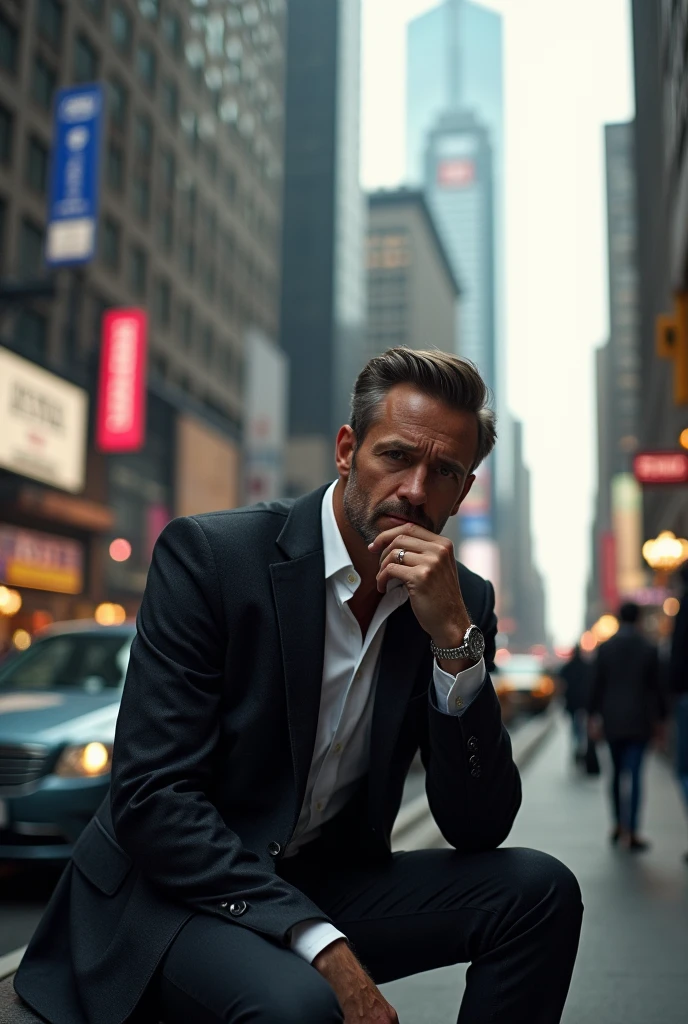 A rich man fucusly thinking in the city sitting