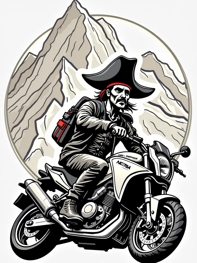 ((Logo circular:1.5)) , ((logo with white border:1.5)), ((honda:1.5)) , ((NC750X text:1.5)), ((NC750X:1.5)), ((trail bike with suitcases:1.5)), ((pirate driving motorcycle)), (((crear un logo with white border de un pirata manejando sobre una honda modelo NC750x))), mountains background