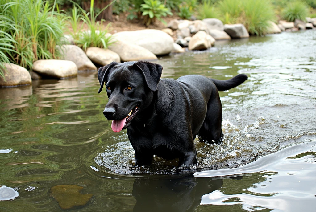 there is a Picasso style black dog that is standing in the water, dog, at the waterside, black dog, a handsome, in a pond, in the water, a dog, river in front of him, the photo shows a large, bear, labrador, menacing!, playing with the water, emerging from the water, wet fur, handsome, nice face