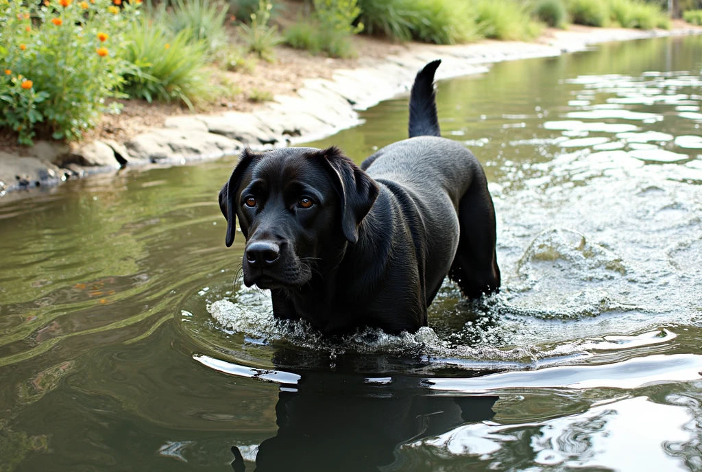 there is a Picasso style black dog that is standing in the water, dog, at the waterside, black dog, a handsome, in a pond, in the water, a dog, river in front of him, the photo shows a large, bear, labrador, menacing!, playing with the water, emerging from the water, wet fur, handsome, nice face
