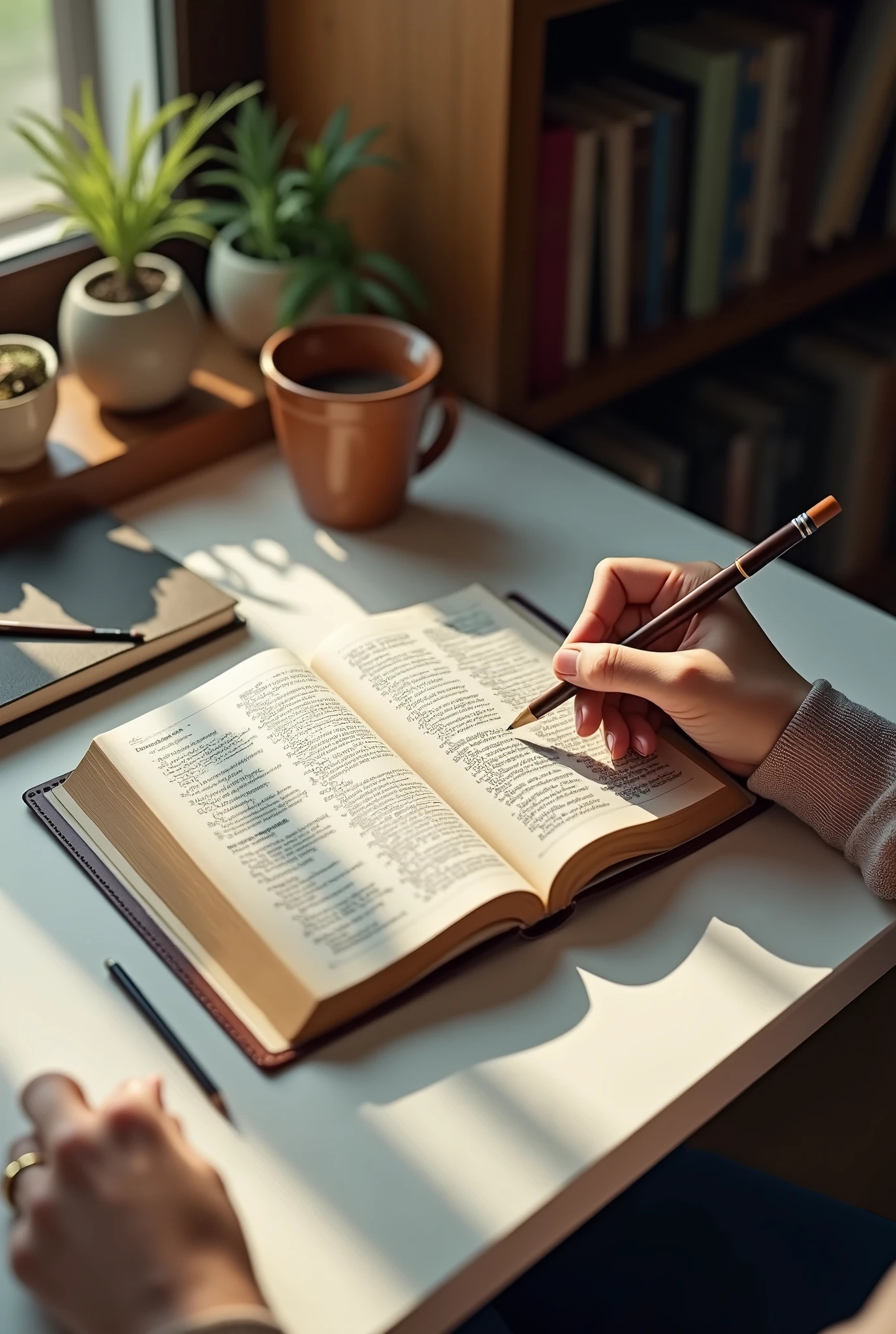 Open Bible centered on white desk with hand holding a pencil and notebook next to it, in a library, study attitude, semi-aerial view, Do not put a coffee cup and your hand without rings