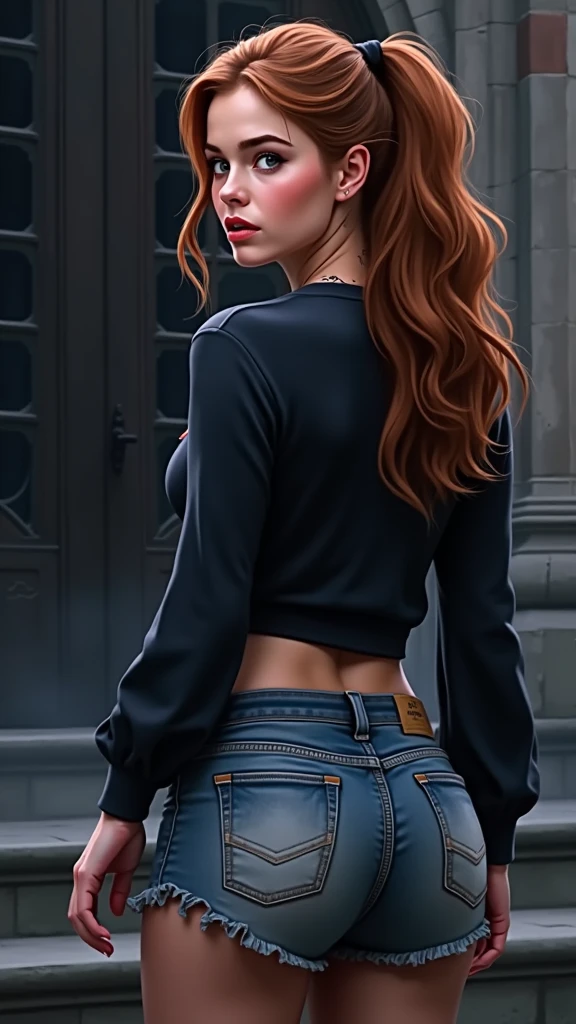 (rear view, backside view),An illustrated movie poster, hand-drawn, full color, a teenage Hogwarts student, 18-years-old, female, wearing a charcoal vest and a pleated skirt, athletic hourglass figure, full wide hips, massive round butt, long shapely legs, ridiculously thick powerful thighs, vibrant eyes, deep dark auburn hair, thick shaggy bangs, flushed sun-kissed complexion, freckles, resembles Genevieve O'Reilly, standing in a foggy Hogwarts courtyard, surrounded by mist, graphite shading, stencil marks, airbrushed acrylic paint, masterpiece, close-up shot, in the style of the Deathly Hallows, high quality, (RAW photo, best quality), (realistic, photorealistic: 1.4), (extremely delicate and beautiful: 1.4), amazing, fine details, masterpiece, ultra detailed, high resolution, best illustration, best shadow, intricate, ( extremely intricate: 1.2), (exquisitely detailed skin), cinematic light, perfect anatomy, (cool color: 1.4), sharp focus, 8k UHD, DSLR, (Fujifilm XT3),(iluminación cinematográfica :1.4), ((skirt tug, wind lift)), (skirt tug, wind lift:1.4), (pink panties), (skirt lifted by itself: 1.1), (skirt lift: 1.3), (showing white panties: 1.3), (skirt lifted by itself: 1.4 ), (skirt lift: 1.4 ), (showing white panties: 1.4 ), (nsfw:1.4 ),(nsfw V2.1), score_9, score_8_up, score_7_up, score_6_up, rating_explicit, 1girl, ((18YO:1.2)), Adult, full lips,(tiene un hermoso culo :1.4)