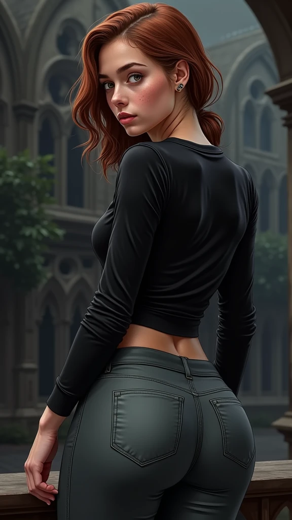 (rear view, backside view),An illustrated movie poster, hand-drawn, full color, a age Hogwarts student, 18-years-old, female, wearing a charcoal vest and a pleated skirt, athletic hourglass figure, full wide hips, massive round butt, long shapely legs, ridiculously thick powerful thighs, vibrant eyes, deep dark auburn hair, thick shaggy bangs, flushed sun-kissed complexion, freckles, resembles Genevieve O'Reilly, standing in a foggy Hogwarts courtyard, surrounded by mist, graphite shading, stencil marks, airbrushed acrylic paint, masterpiece, close-up shot, in the style of the Deathly Hallows, high quality, (RAW photo, best quality), (realistic, photorealistic: 1.4), (extremely delicate and beautiful: 1.4), amazing, fine details, masterpiece, ultra detailed, high resolution, best illustration, best shadow, intricate, ( extremely intricate: 1.2), (exquisitely detailed skin), cinematic light, perfect anatomy, (cool color: 1.4), sharp focus, 8k UHD, DSLR, (Fujifilm XT3),(iluminación cinematográfica :1.4), ((skirt tug, wind lift)), (skirt tug, wind lift:1.4), (pink panties), (skirt lifted by itself: 1.1), (skirt lift: 1.3), (showing white panties: 1.3), (skirt lifted by itself: 1.4 ), (skirt lift: 1.4 ), (showing white panties: 1.4 ), (nsfw:1.4 ),(nsfw V2.1), score_9, score_8_up, score_7_up, score_6_up, rating_explicit, 1girl, ((18YO:1.2)), Adult, full lips,(tiene un hermoso culo :1.4)