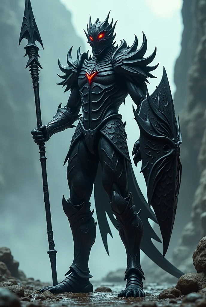 warrior with spear, humanoid appearance, shield, Fins on the arms and legs, armor with spikes similar to sea creatures, helmet, yugioh style, black armor and helmet, sea creature, without syrup, thin and not very muscular body, armor over the entire body, the armor must be black, must have red eyes and fins on the arms and fins on the legs