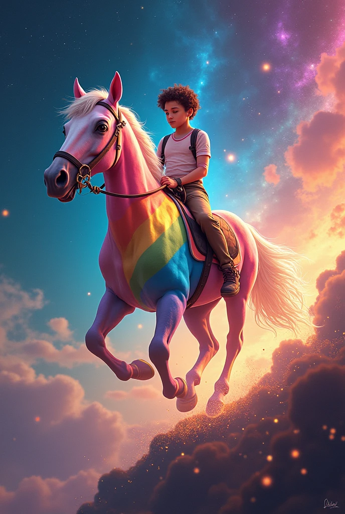 Bastian Velasquez riding a rainbow horse going to another solar system where the homosexual planet is