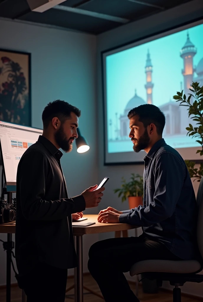 Muslim men in front of a computer