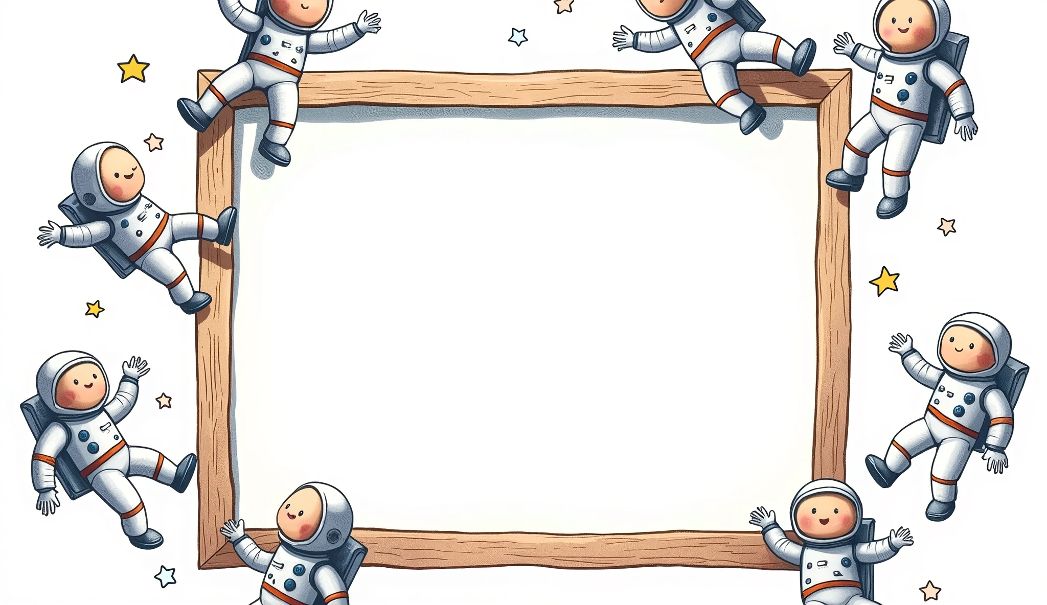 a picture frame around an empty, white center. The picture frame consists of floating, smiling astronaut as a child's drawing