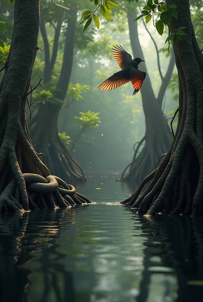 Photorealism 1.4 realistic realism high detailed definition mangrove swamp bird flying around black water phyton on tree branch