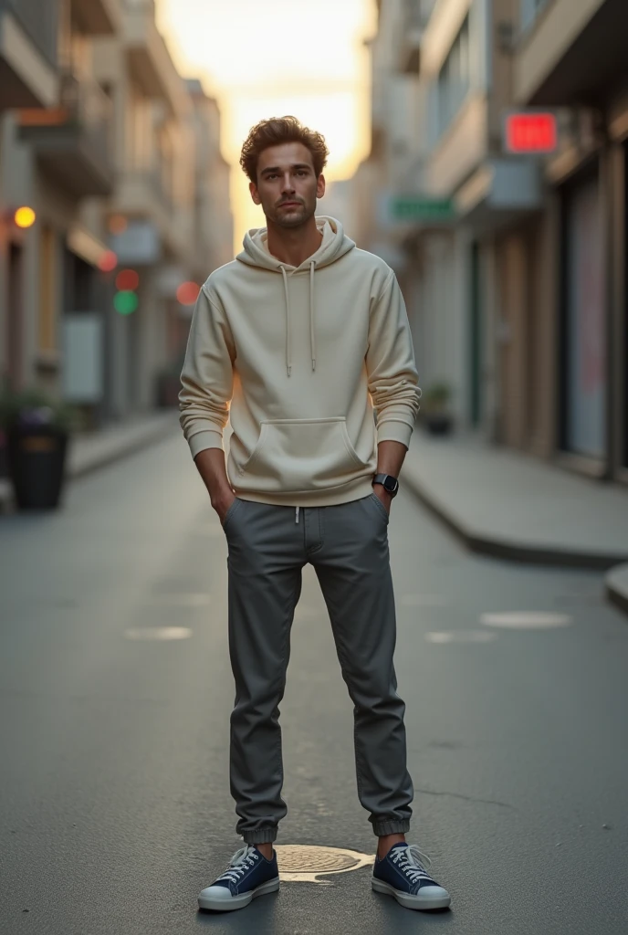 A 30-year-old man on a quiet street, Wearing a cream-colored slim-fit hoodie, Grey chinos and navy plimsolls, whole body, View your viewers、gaping hole, drop sperm, Light on the face, Realistic face, Realistic body, underwear,